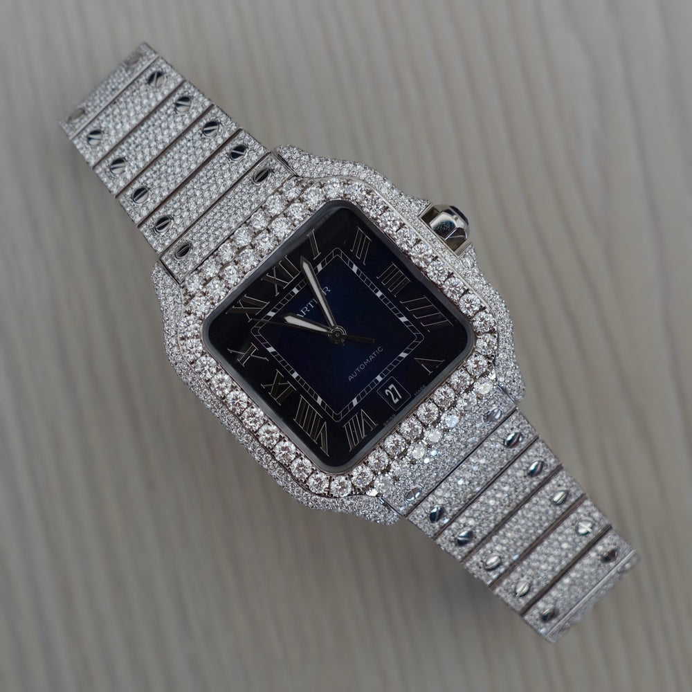 Diamond Cartier Santos 40mm Blue Dial iced out with VVS Diamonds | Cartier Diamond Watches in Dubai, UAE
