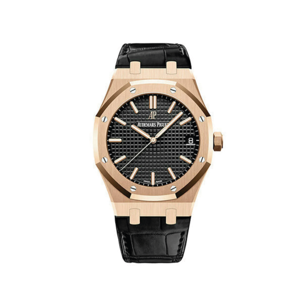 Audemars Piguet Royal Oak 15500 41mm 18k Rose Gold Black Leather Strap