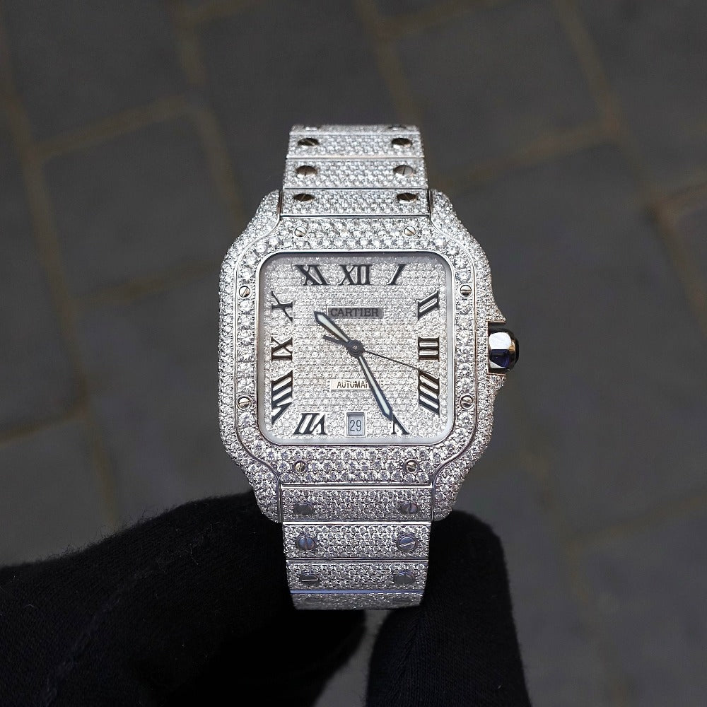 Diamond Cartier Santos 40mm Stainless Steel Roman Dial Pavé Set
