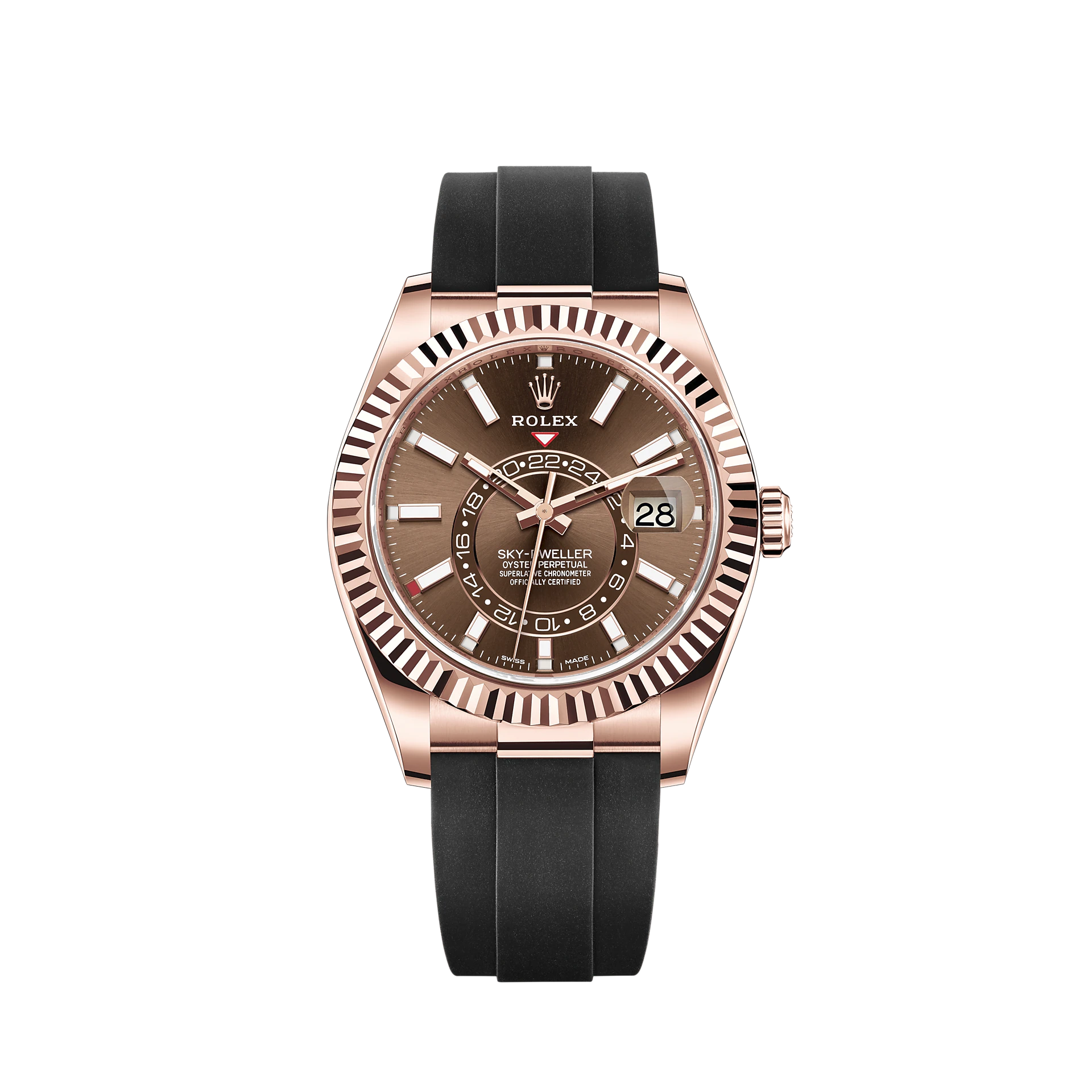 Rolex Sky Dweller 18k Rose Gold Rubber Strap Chocolate Dial